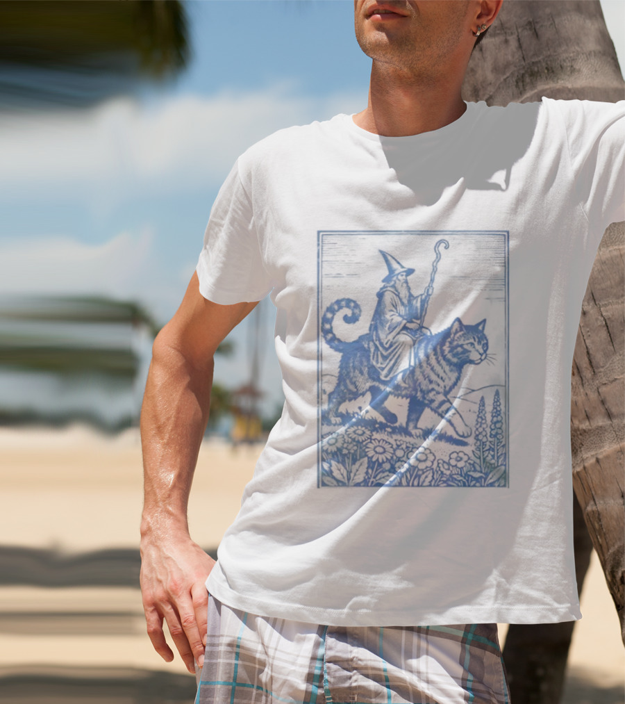 Wizard Riding Cat Blue Vintage Fantasy Adventure Scene T-Shirt