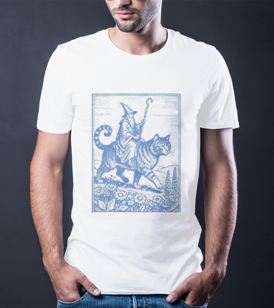 Wizard Riding Cat Blue Vintage Fantasy Adventure Scene T-Shirt
