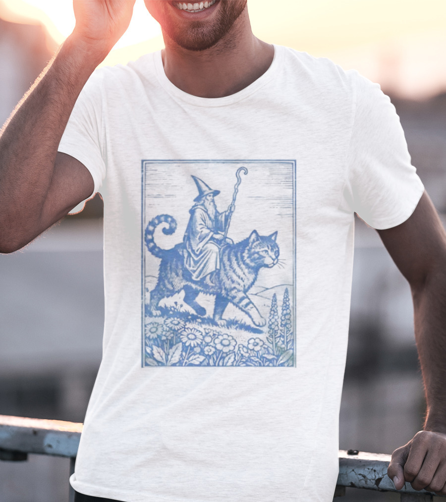 Wizard Riding Cat Blue Vintage Fantasy Adventure Scene T-Shirt