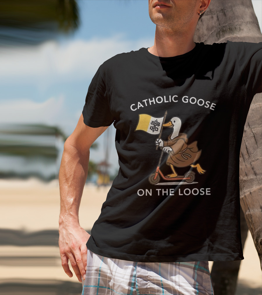 Catholic Goose On The Loose Holding Flag Riding Scooter T-Shirt