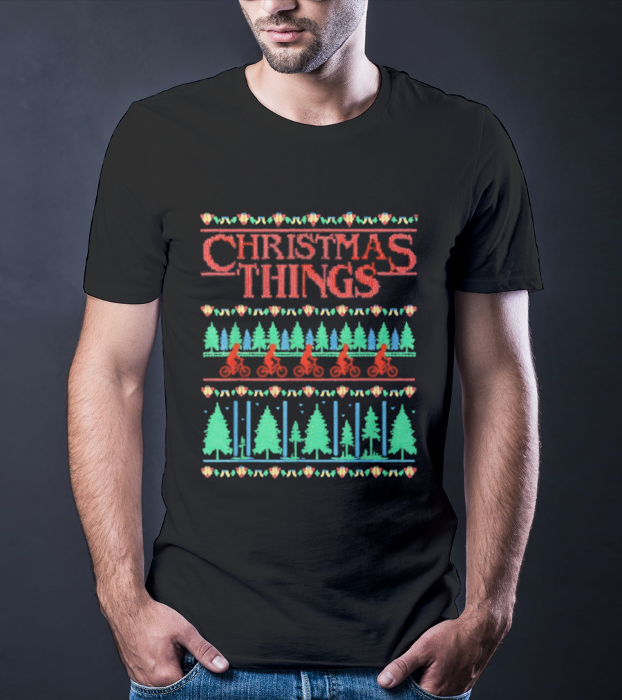 Christmas Things Holiday Sweater Lights And Bicycles Forest Theme T-Shirt