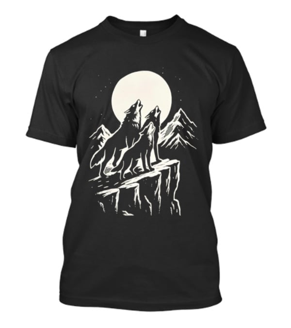 Howling Wolves Moonlit Mountains Black White T-Shirt