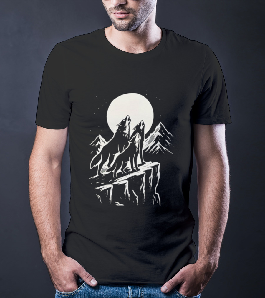 Howling Wolves Moonlit Mountains Black White T-Shirt