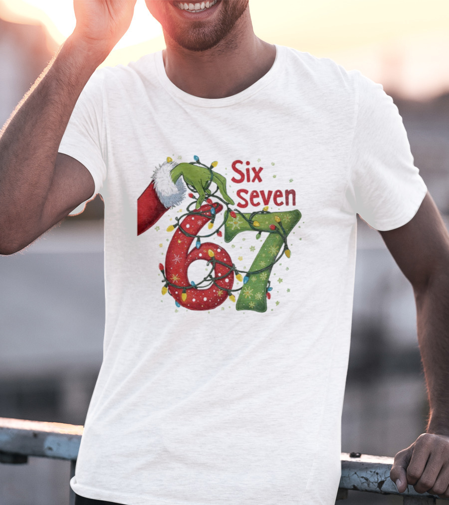 Merry Christmas 2025 Grinch Hand Six Seven Holiday Lights T-Shirt