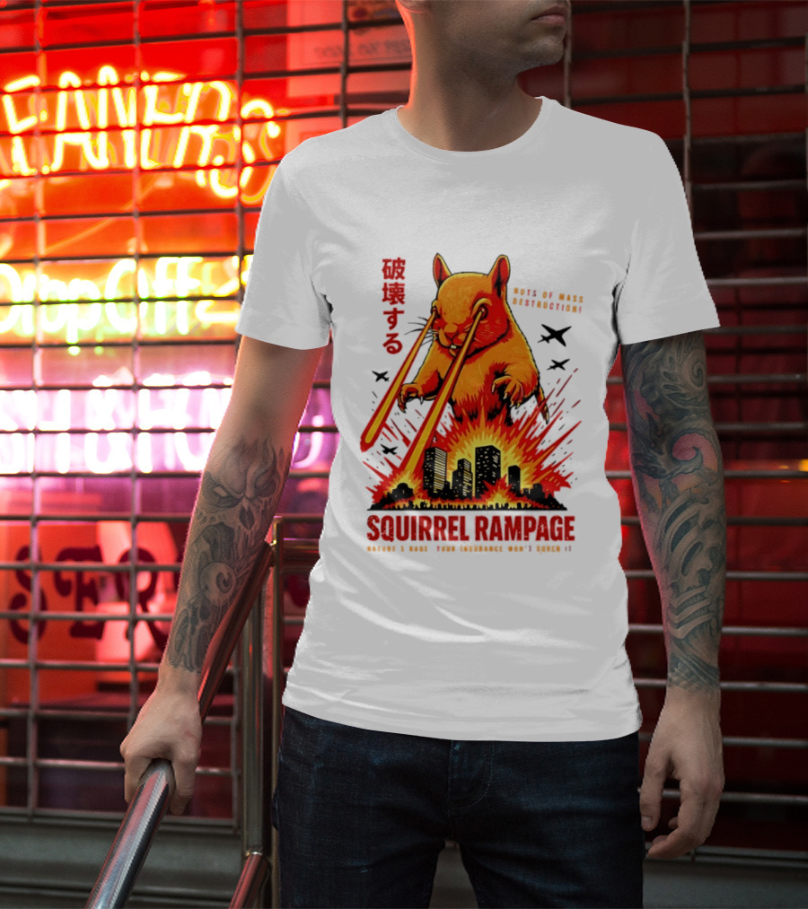 Squirrel Rampage Laser Eyes Skyline Destruction Nuts Of Mass Destruction T-Shirt