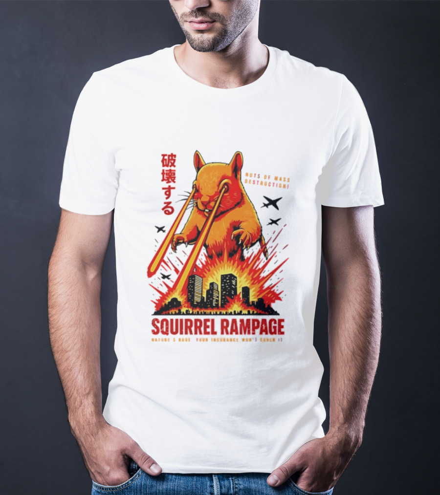 Squirrel Rampage Laser Eyes Skyline Destruction Nuts Of Mass Destruction T-Shirt
