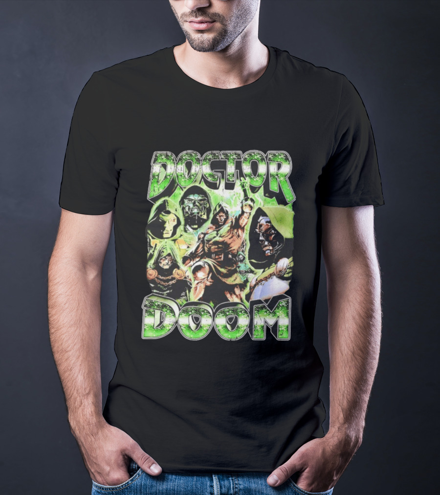 Doctor Doom 90s Bootleg Rap Vintage Style Green Comic Collage T-Shirt