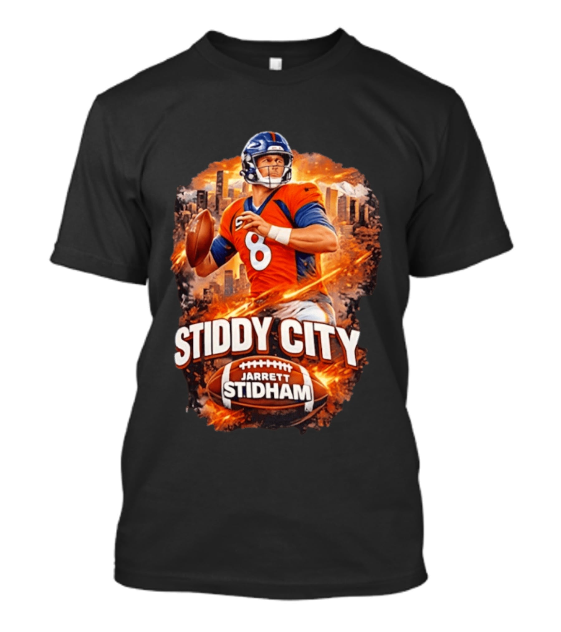Stiddy City Jarrett Stidham Denver Broncos Quarterback 8 Urban Skyline Football T-Shirt