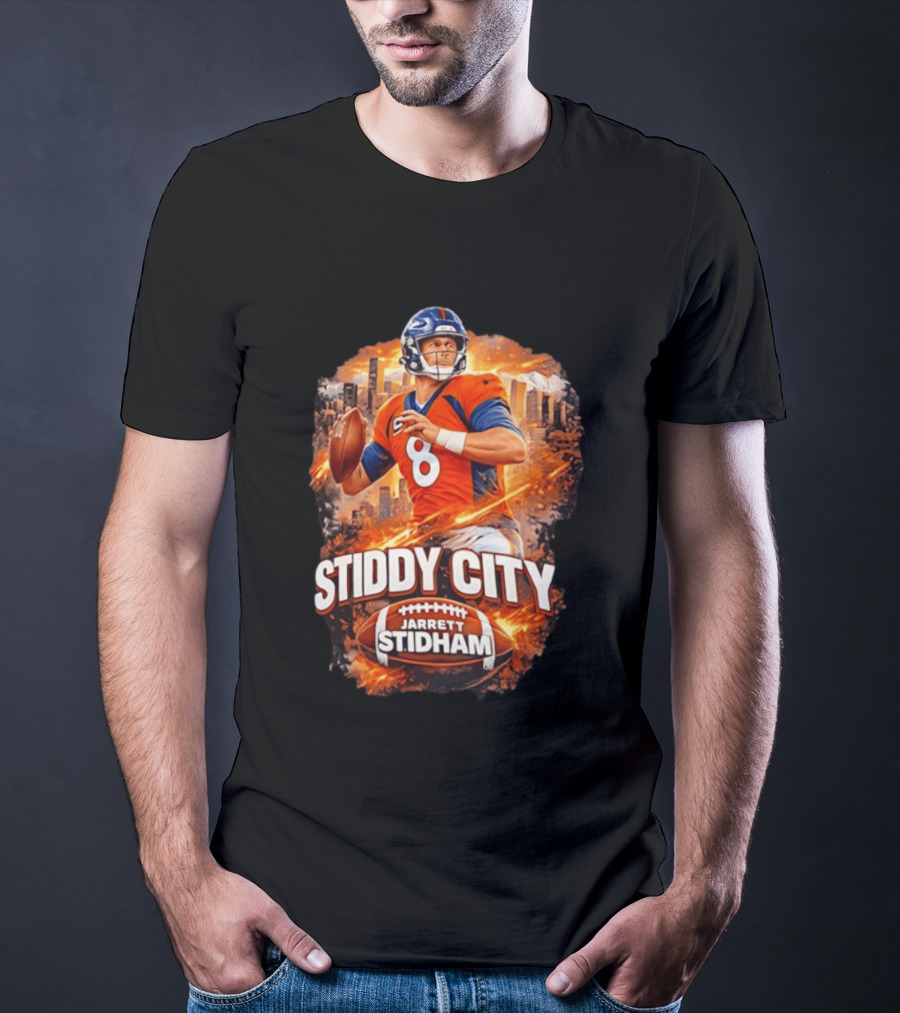 Stiddy City Jarrett Stidham Denver Broncos Quarterback 8 Urban Skyline Football T-Shirt