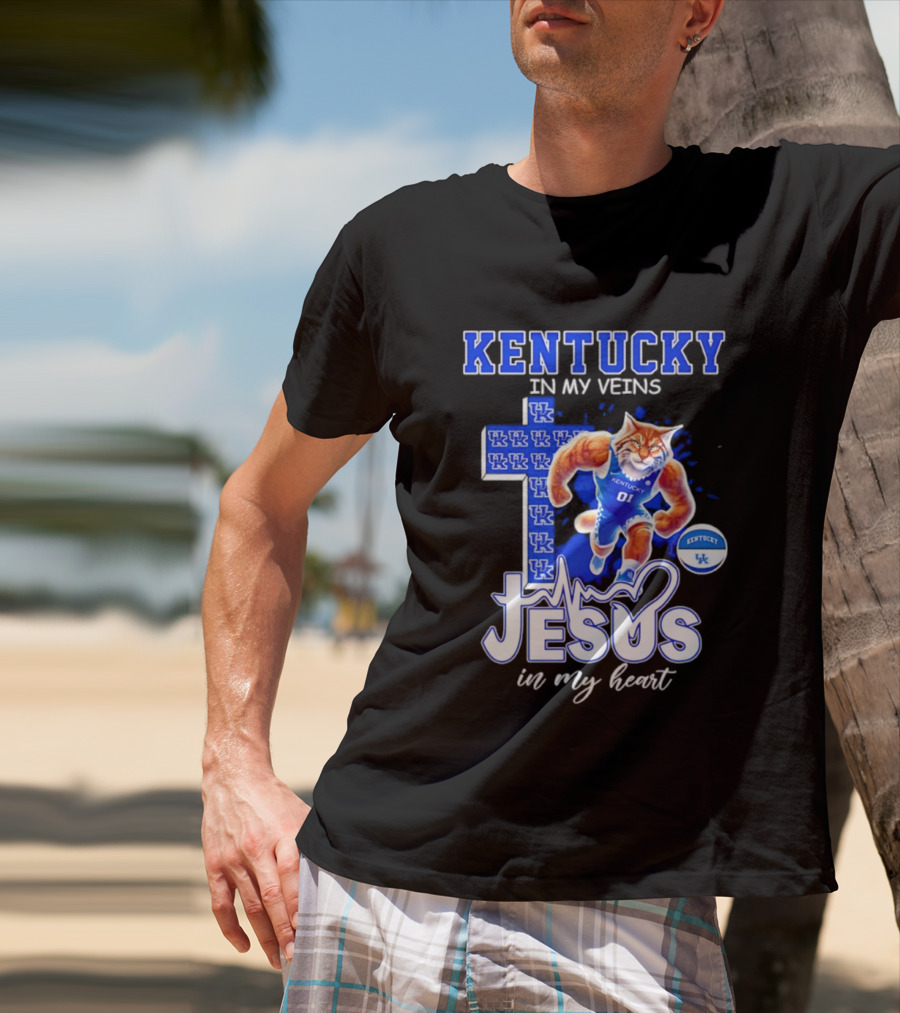 Kentucky Wildcats In My Veins Jesus In My Heart Wildcat Cross T-Shirt