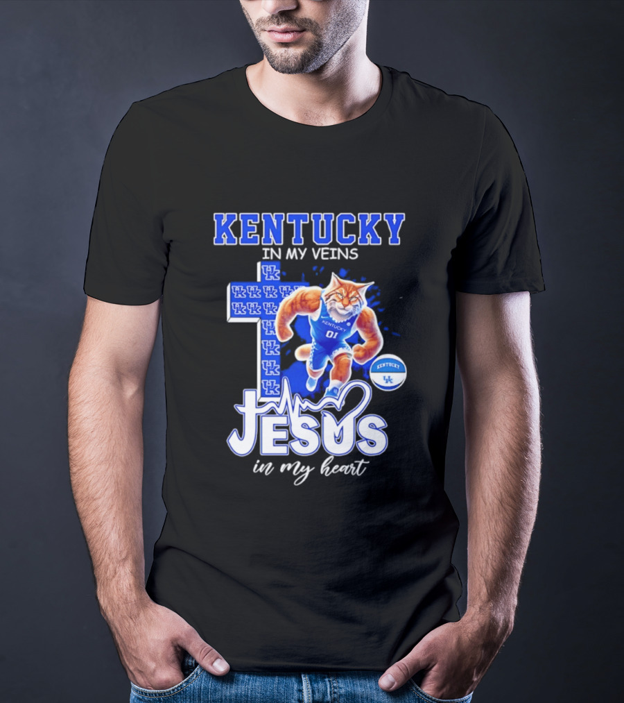 Kentucky Wildcats In My Veins Jesus In My Heart Wildcat Cross T-Shirt