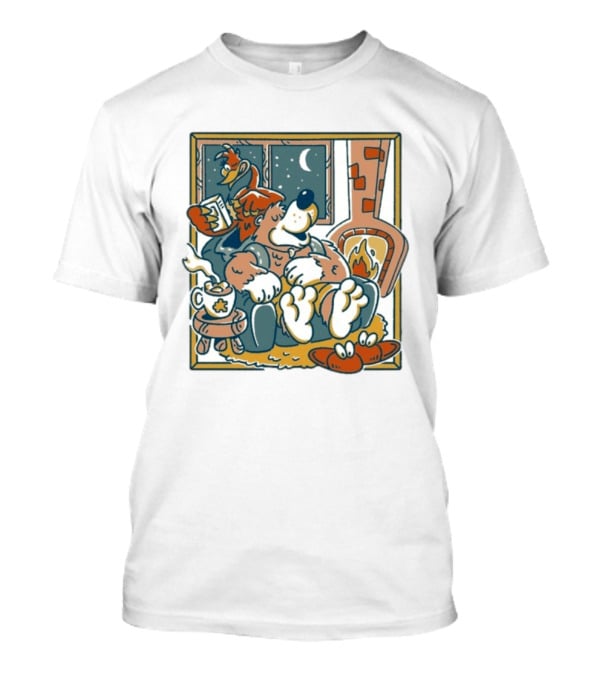 Henrique Torres Nighty Night Cozy Bear By The Fireplace With Duck And Coffee T-Shirt