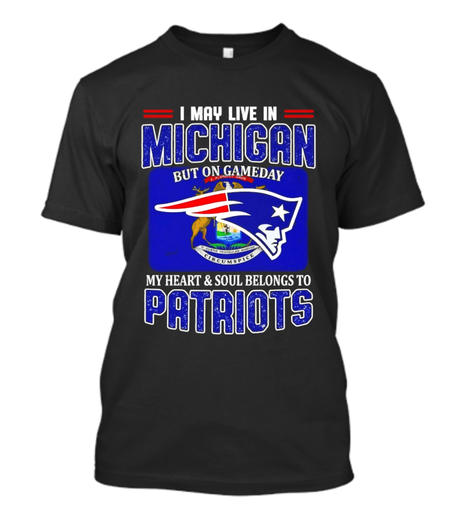 I May Live In Michigan But On Game Day My Heart And Soul Belongs To Patriots T-Shirt