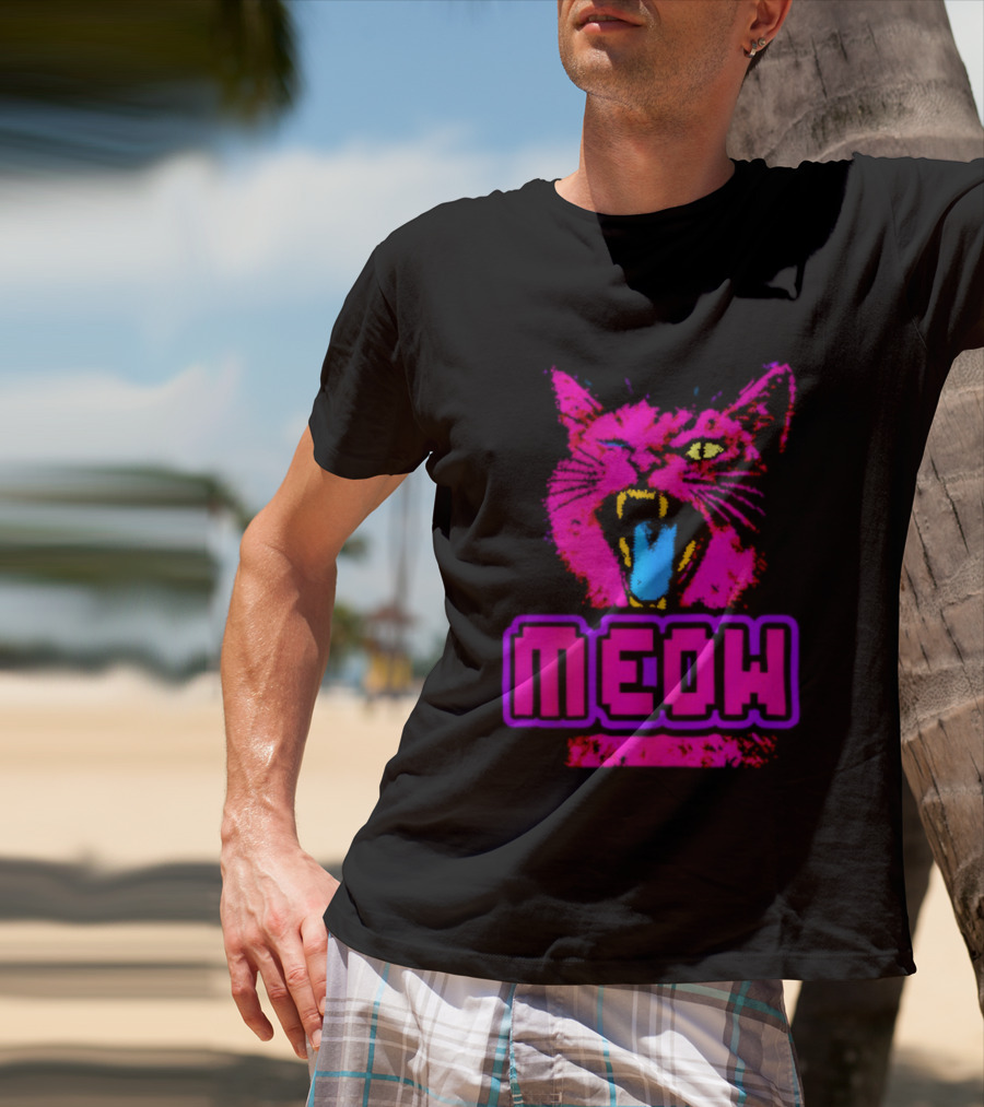 Neon Pink Angry Cat MEOW Cyberpunk Aesthetic Retro Futuristic T-Shirt