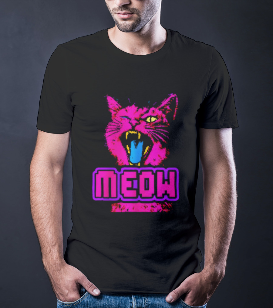 Neon Pink Angry Cat MEOW Cyberpunk Aesthetic Retro Futuristic T-Shirt