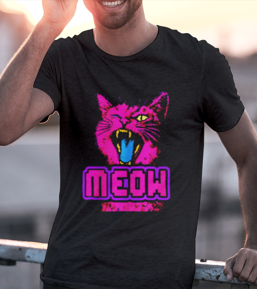 Neon Pink Angry Cat MEOW Cyberpunk Aesthetic Retro Futuristic T-Shirt