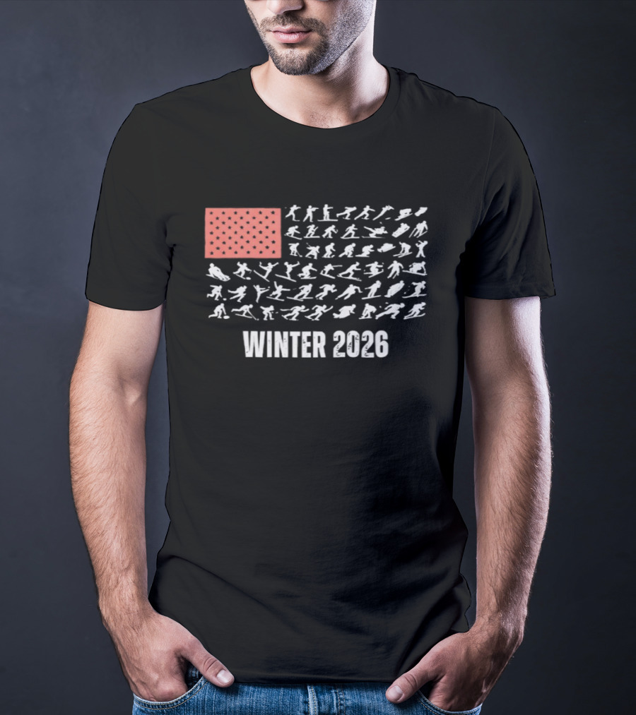 Patriotic USA Winter Sports 2026 Flag Skier Snowboarder T-Shirt
