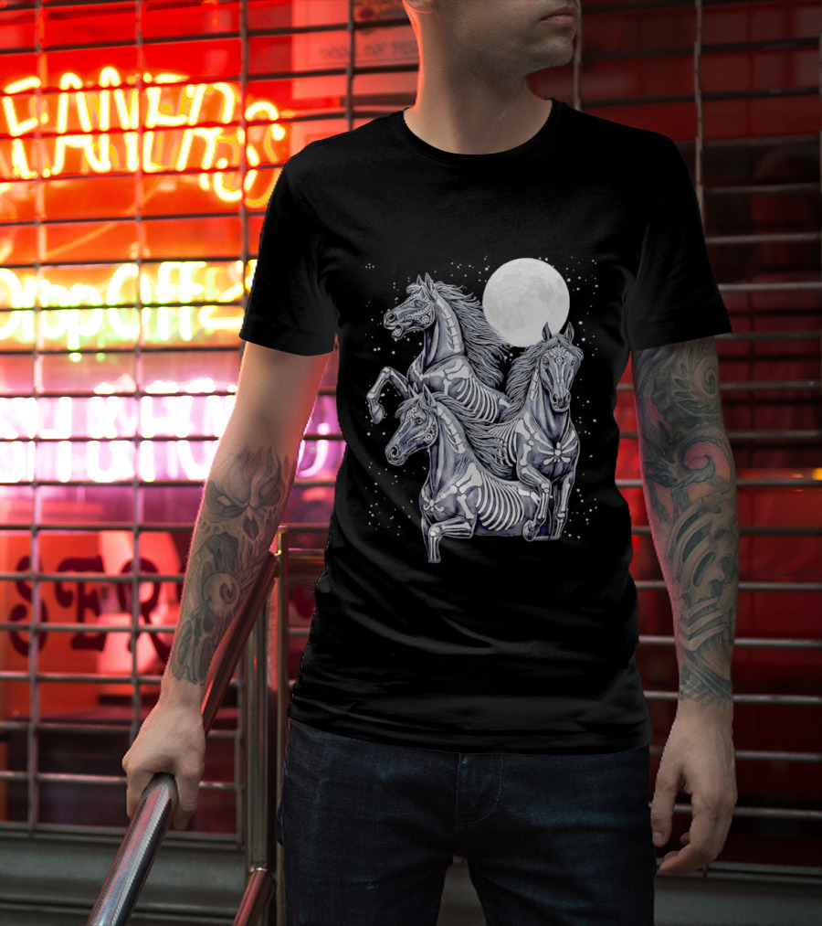 Three Horse Moon Día De Los Muertos Skeleton Horse T-Shirt