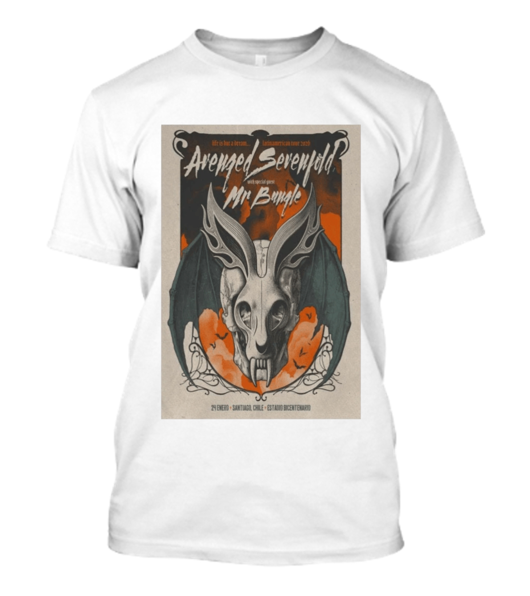 Avenged Sevenfold Life Is But A Dream Latin American Tour 2026 Santiago Chile Estadio Bicentenario 24 Enero Mr. Bungle T-Shirt