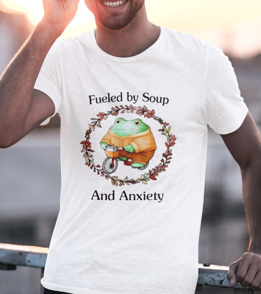 Fueled By Soup Frog Riding Scooter With Cat Surrounded By Autumn Leaves And Anxiety T-Shirt
