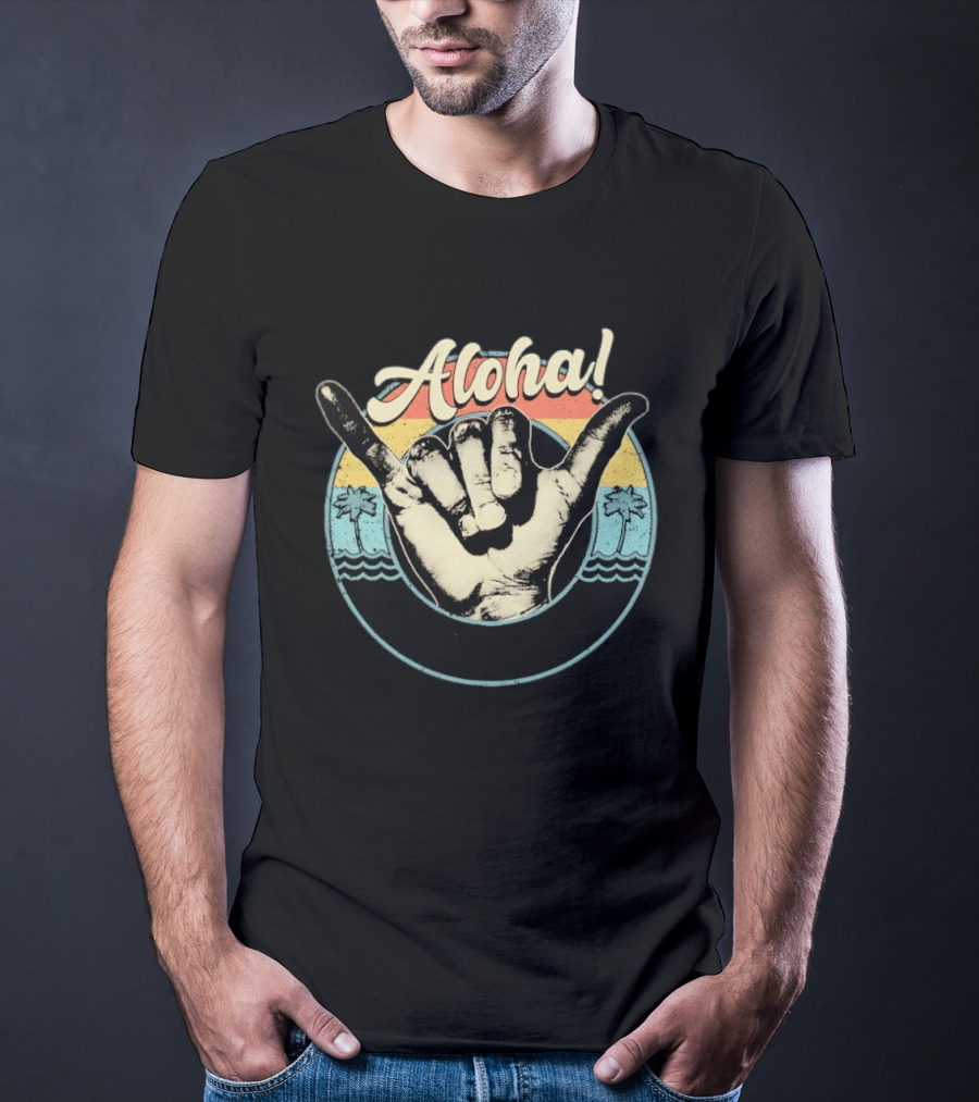 Aloha Shaka Hand Gesture Tropical Sunset With Palm Trees T-Shirt