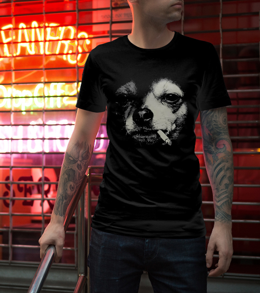 Chihuahua Smoking Cigarette Black And White T-Shirt