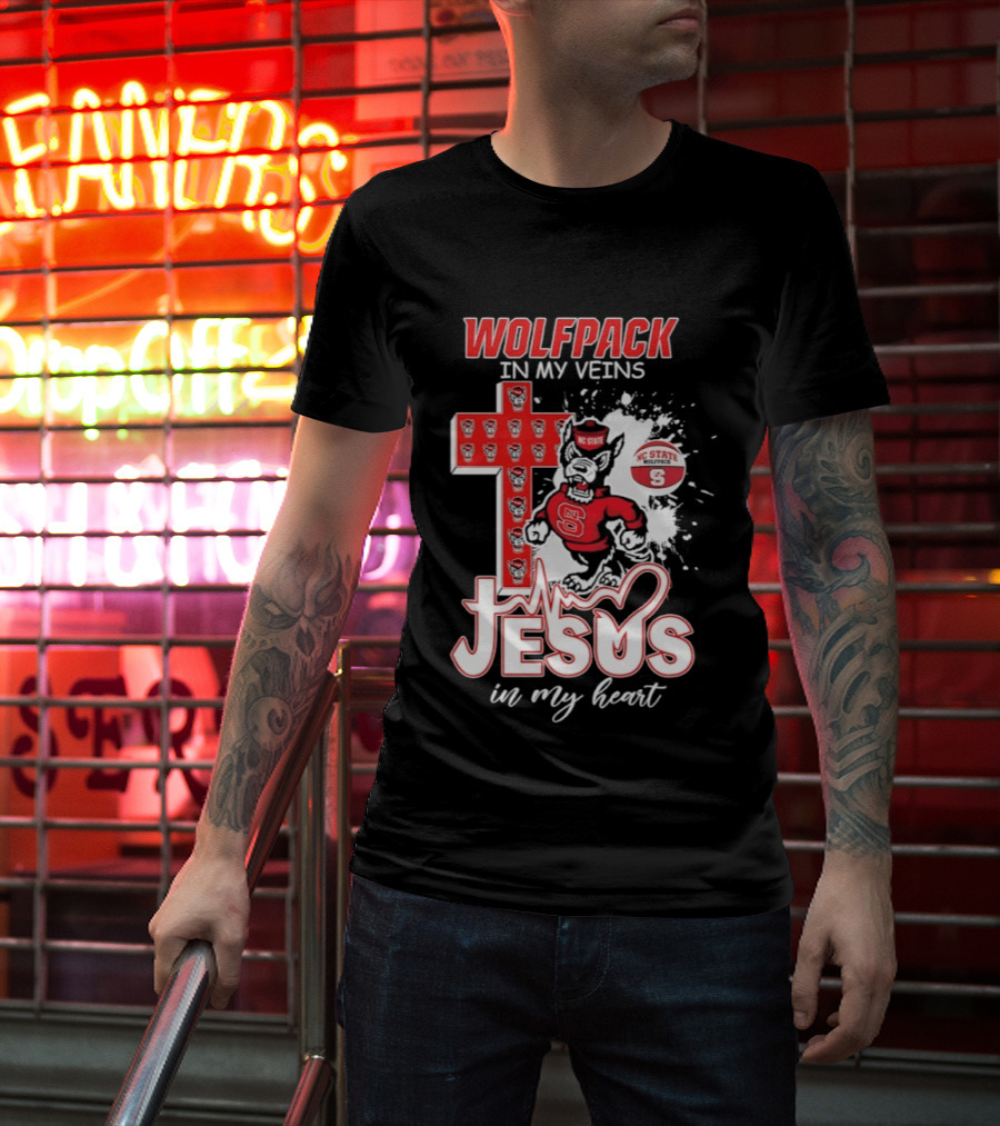 NC State Wolfpack In My Veins Jesus In My Heart Faithful Cross T-Shirt