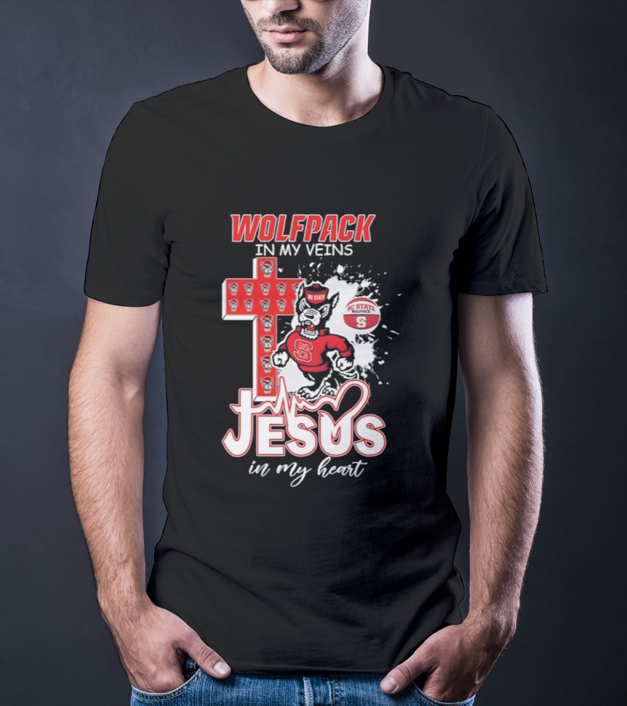 NC State Wolfpack In My Veins Jesus In My Heart Faithful Cross T-Shirt