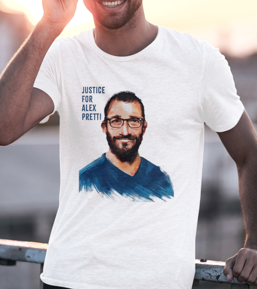 Justice For Alex Pretti Painting Portrait With Glasses And Blue T-Shirt