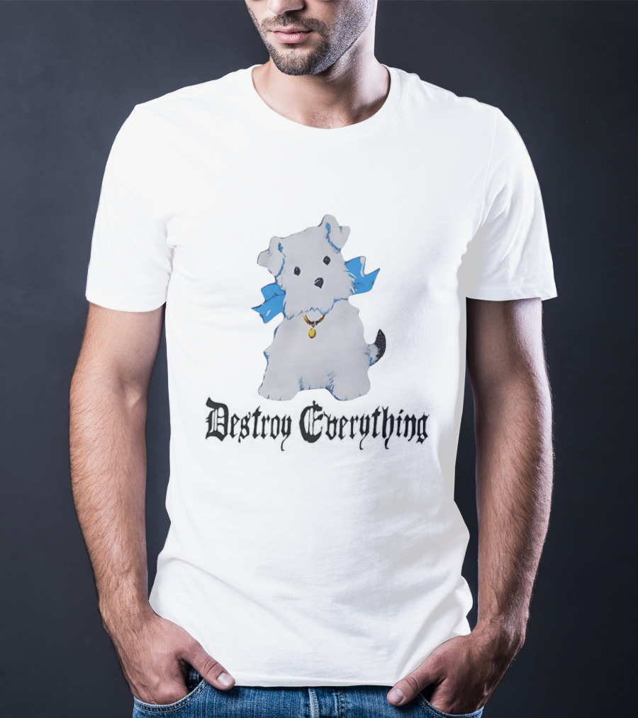 Puppy Destroy Everything Cute Dog Illustration With Blue Ribbon T-Shirt