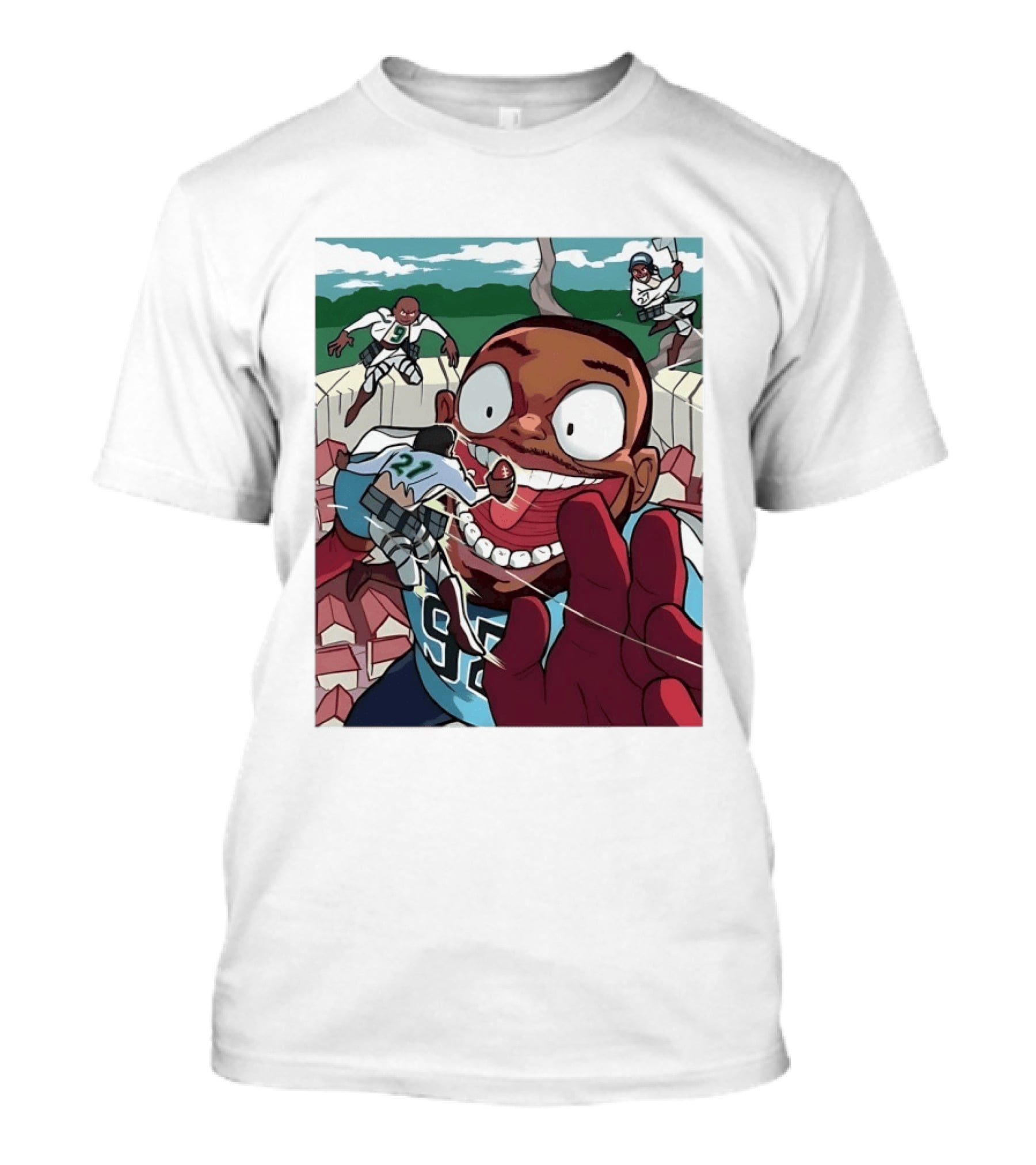 Seattle Seahawks Titan Down Football Cartoon Action Scene T-Shirt