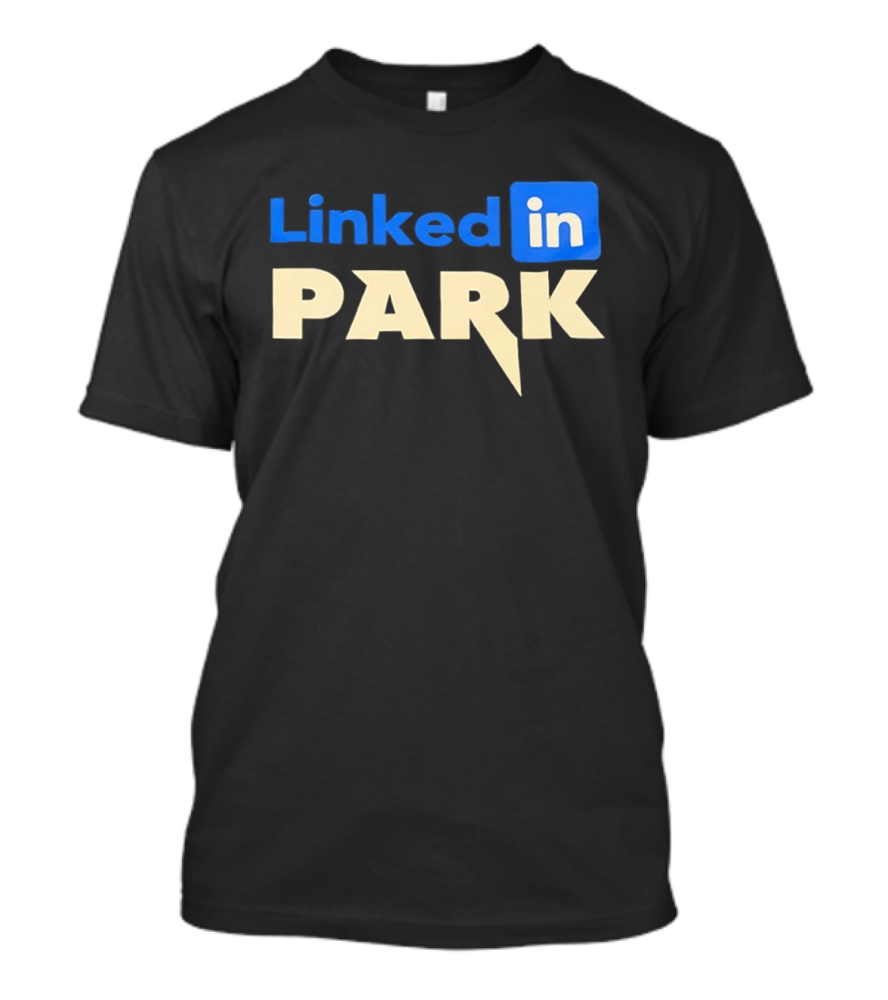 Linked In Park Blocky Font Text In Blue And Beige T-Shirt