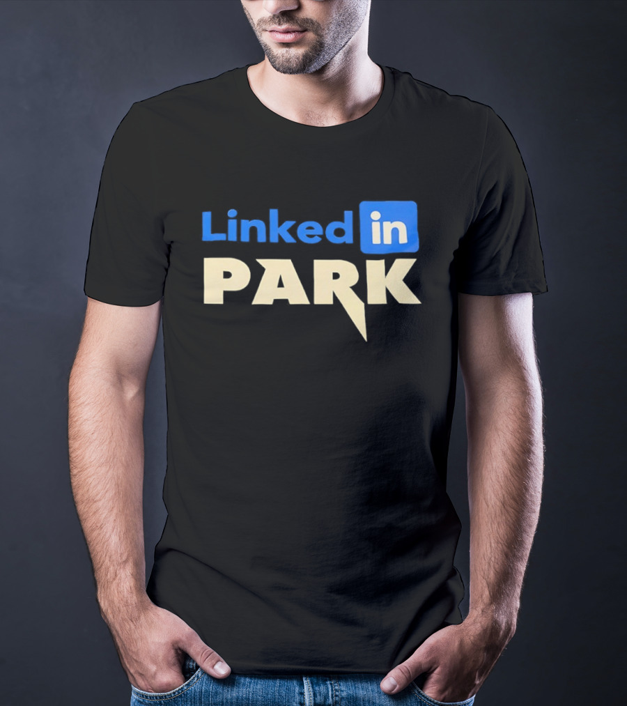 Linked In Park Blocky Font Text In Blue And Beige T-Shirt