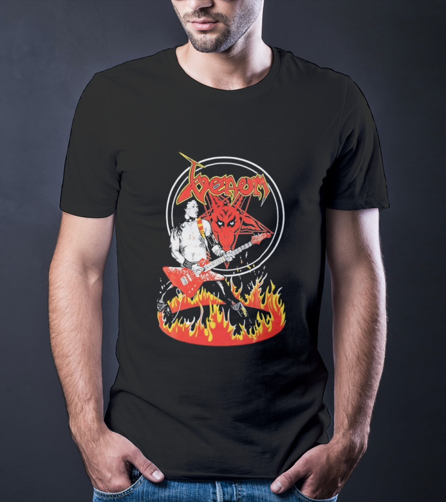 Venom Red Demon Guitarist Flaming Circle T-Shirt