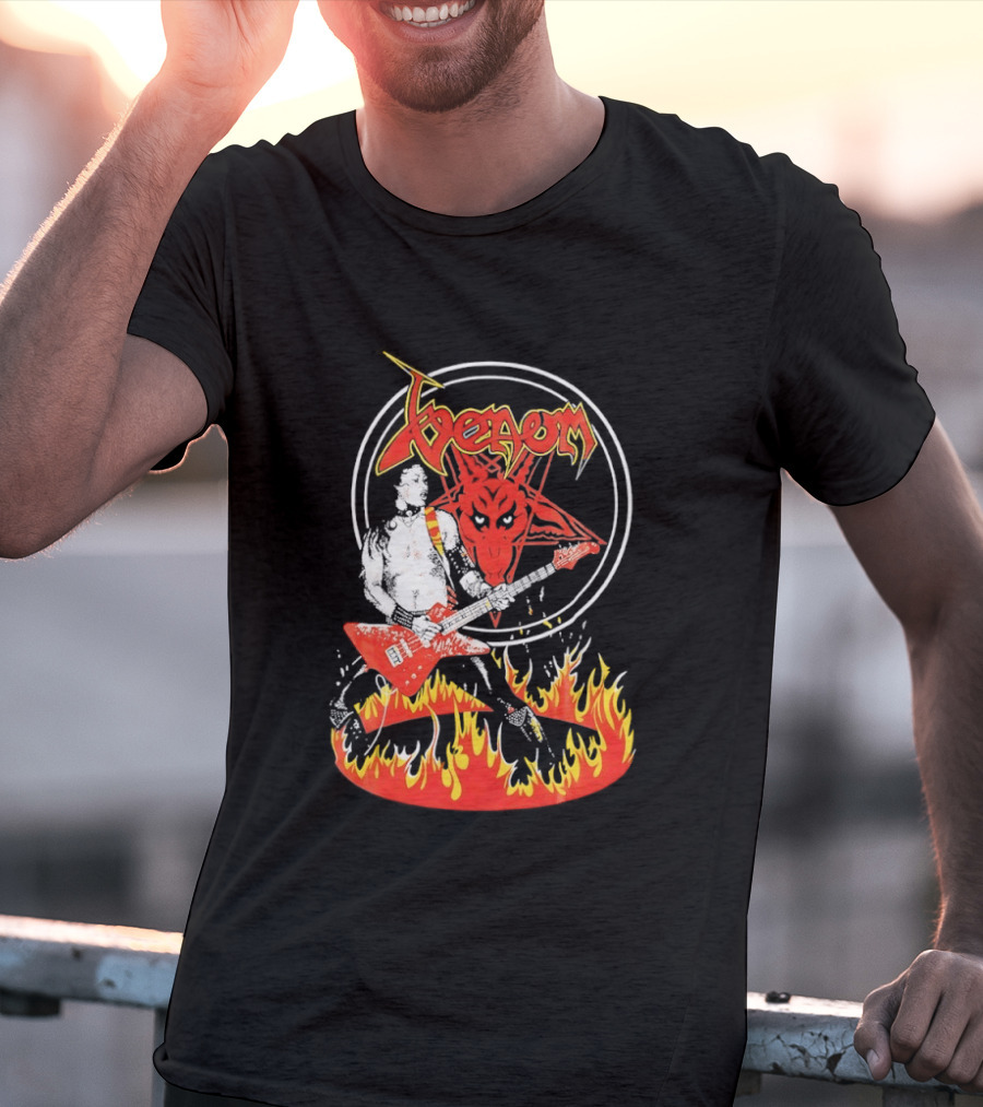 Venom Red Demon Guitarist Flaming Circle T-Shirt