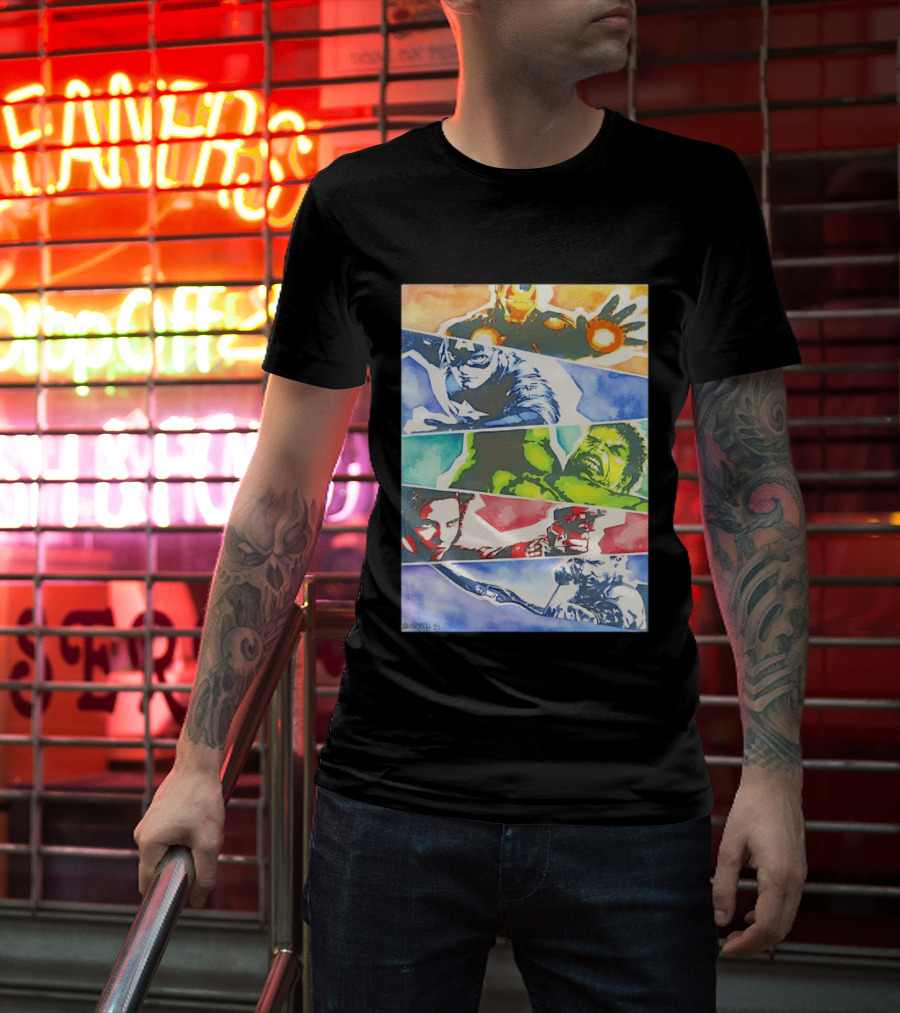 Avengers Iron Man Captain America Hulk Black Widow Thor Watercolor Comic Characters T-Shirt