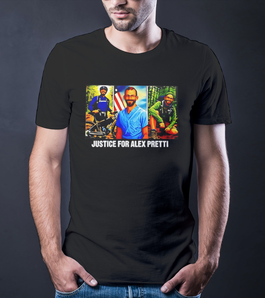 Justice For Alex Pretti Cartoon Art With American Flag And Nature Explorer T-Shirt