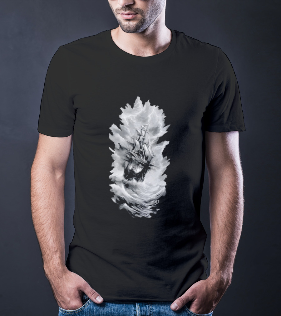 Driven By The Storm Sailing Ship Amidst Thunderous Waves T-Shirt