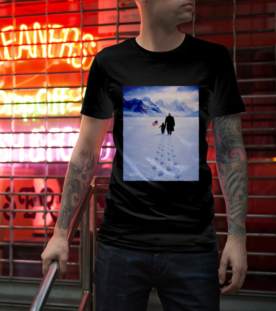 The White House Donald Trump Walking With Penguin American Canadian Flags Snowy Mountains T-Shirt