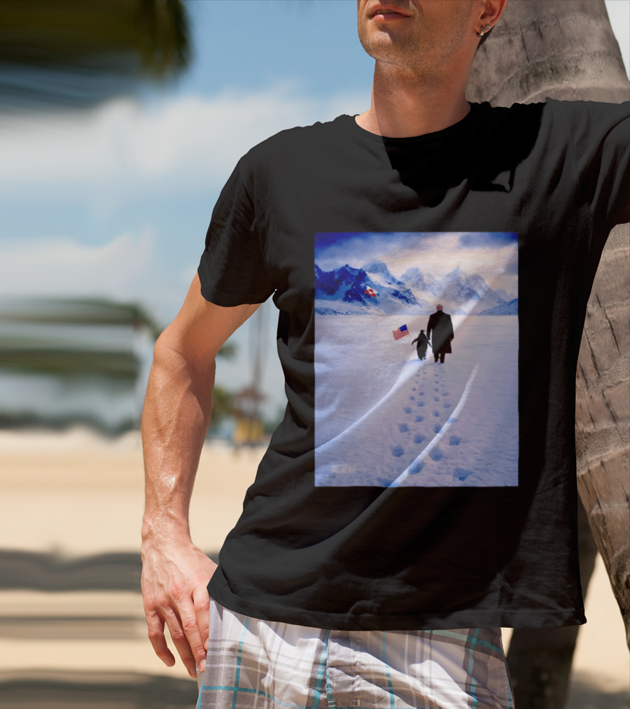 The White House Donald Trump Walking With Penguin American Canadian Flags Snowy Mountains T-Shirt