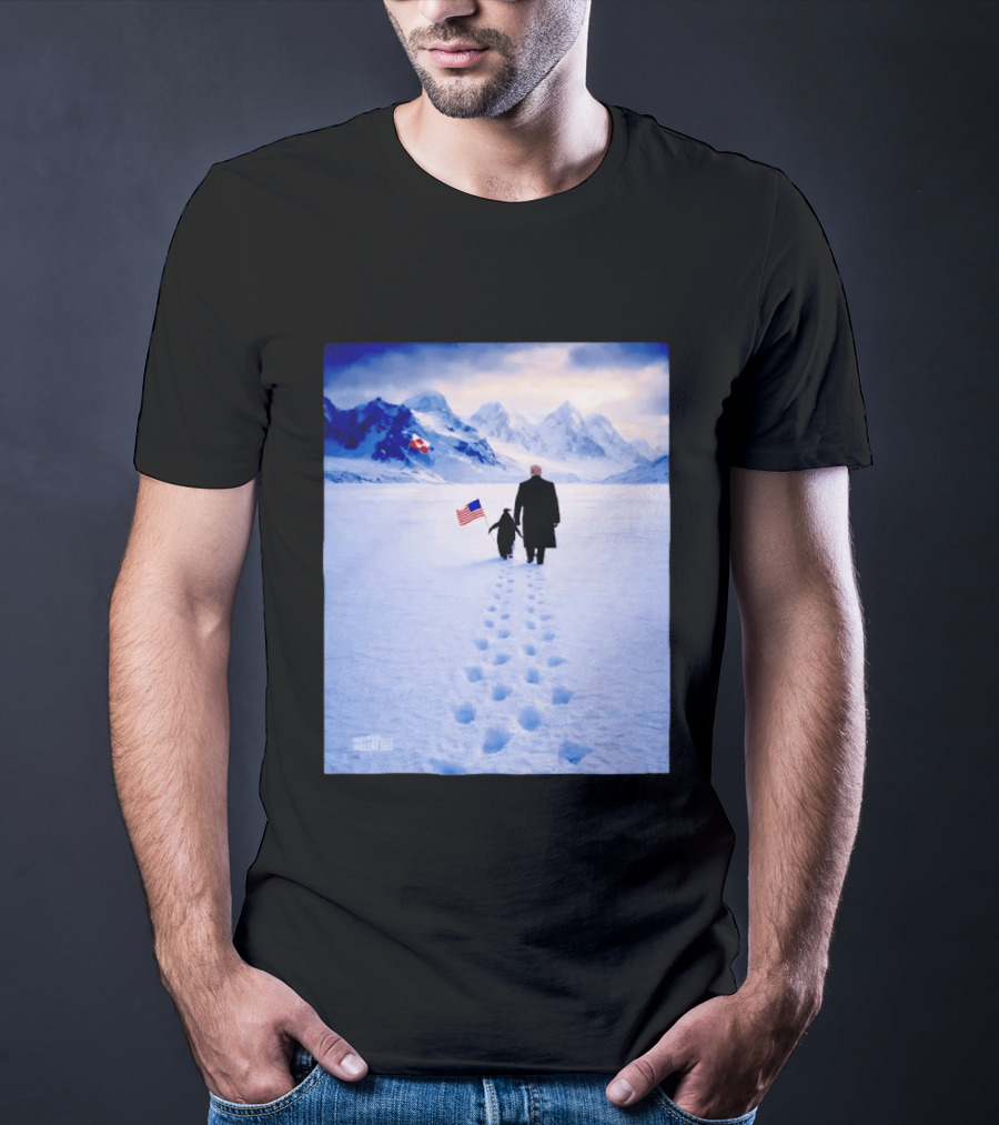 The White House Donald Trump Walking With Penguin American Canadian Flags Snowy Mountains T-Shirt
