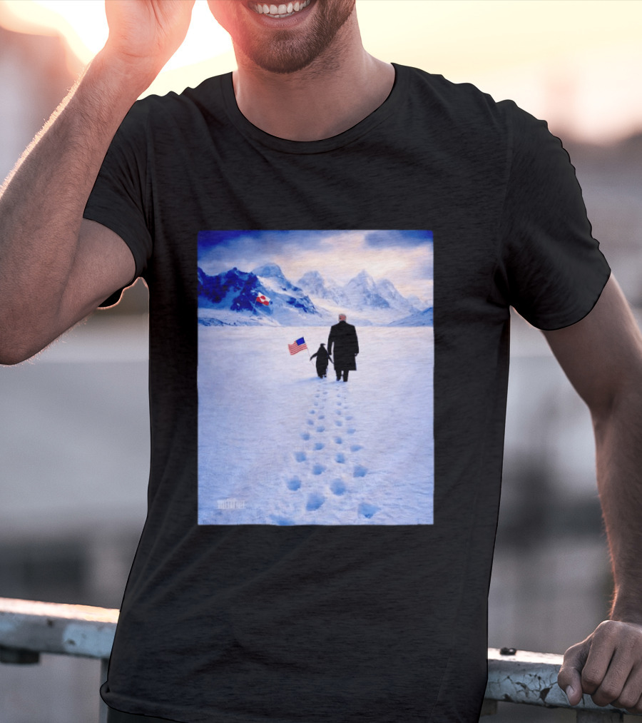 The White House Donald Trump Walking With Penguin American Canadian Flags Snowy Mountains T-Shirt
