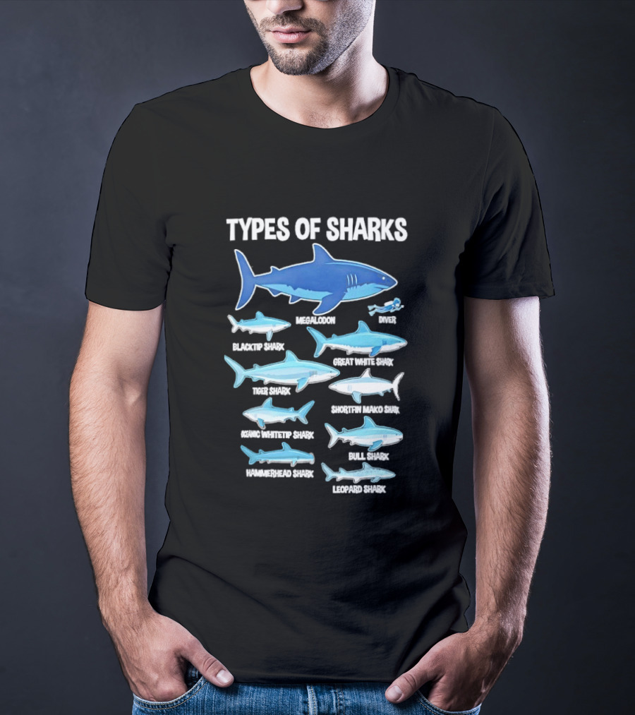 Types Of Sharks White Shark Hammerhead Great White Whale Tiger Bull Mako Marine Biology T-Shirt