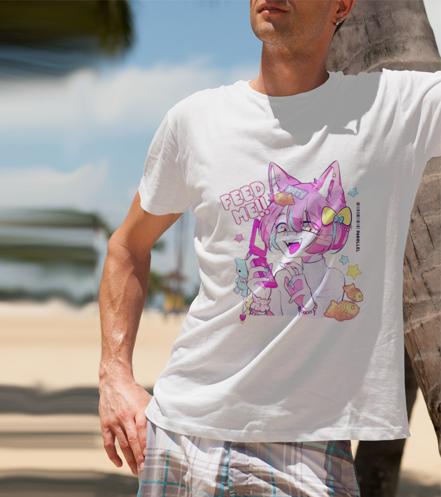 Anime Feed Me Pastel Kawaii Catgirl Eating Fish Cookies T-Shirt