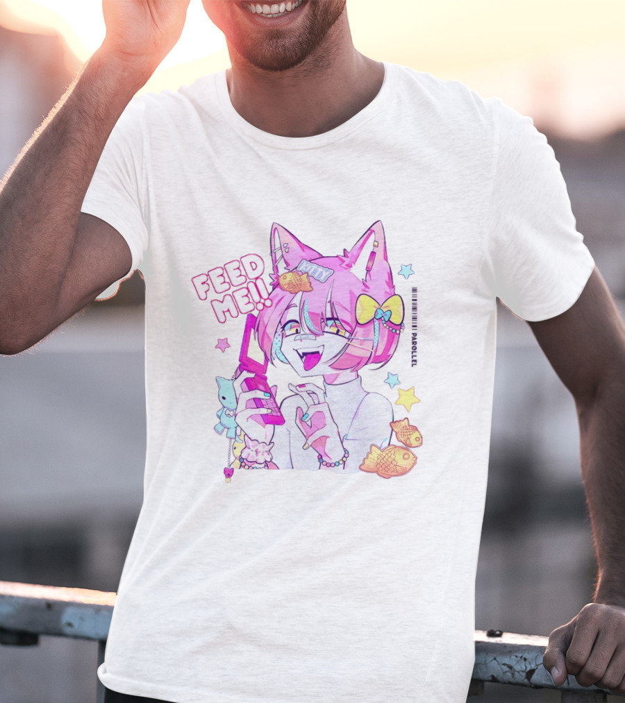 Anime Feed Me Pastel Kawaii Catgirl Eating Fish Cookies T-Shirt