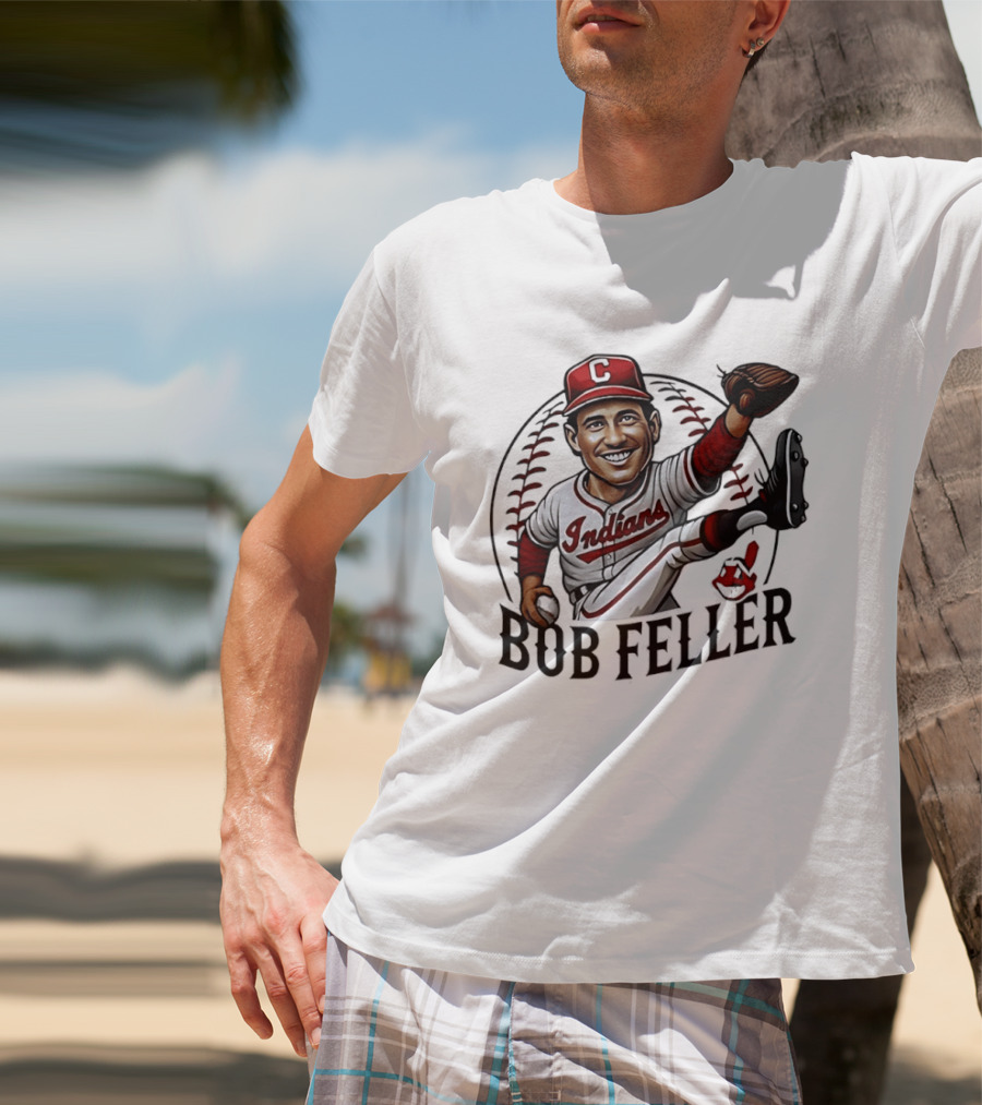 Bob Feller Cleveland Indians Baseball Pitcher Caricature T-Shirt