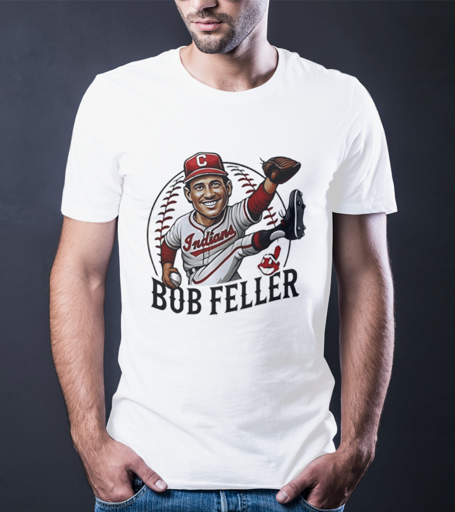 Bob Feller Cleveland Indians Baseball Pitcher Caricature T-Shirt
