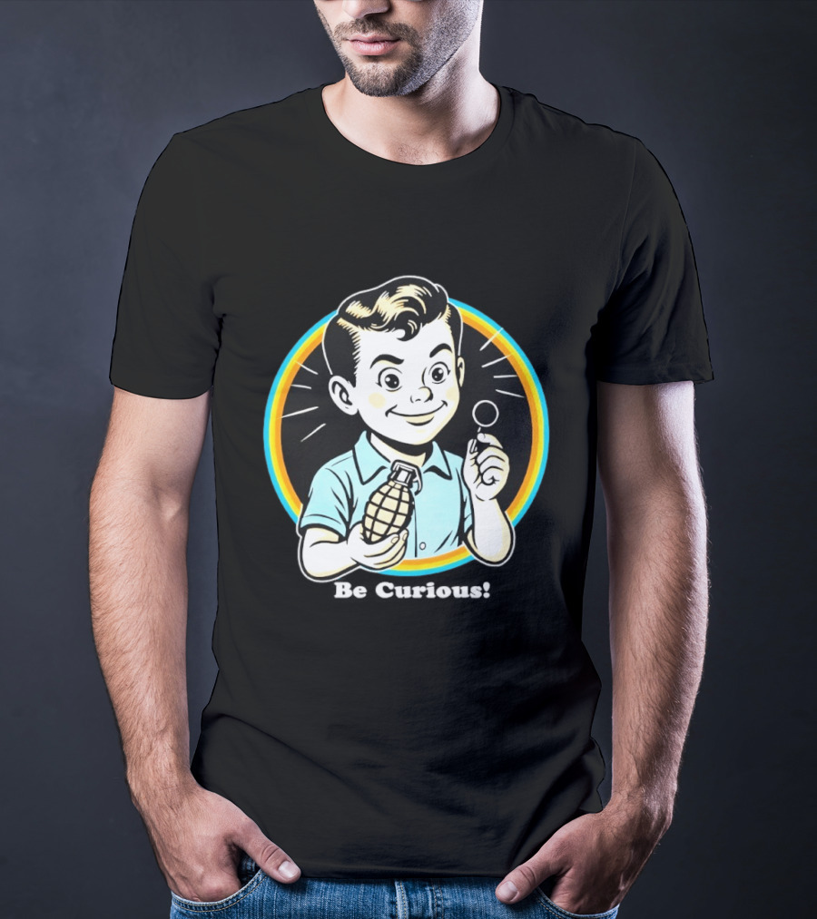Be Curious Retro Comic Style Boy Holding Grenade And Pin T-Shirt