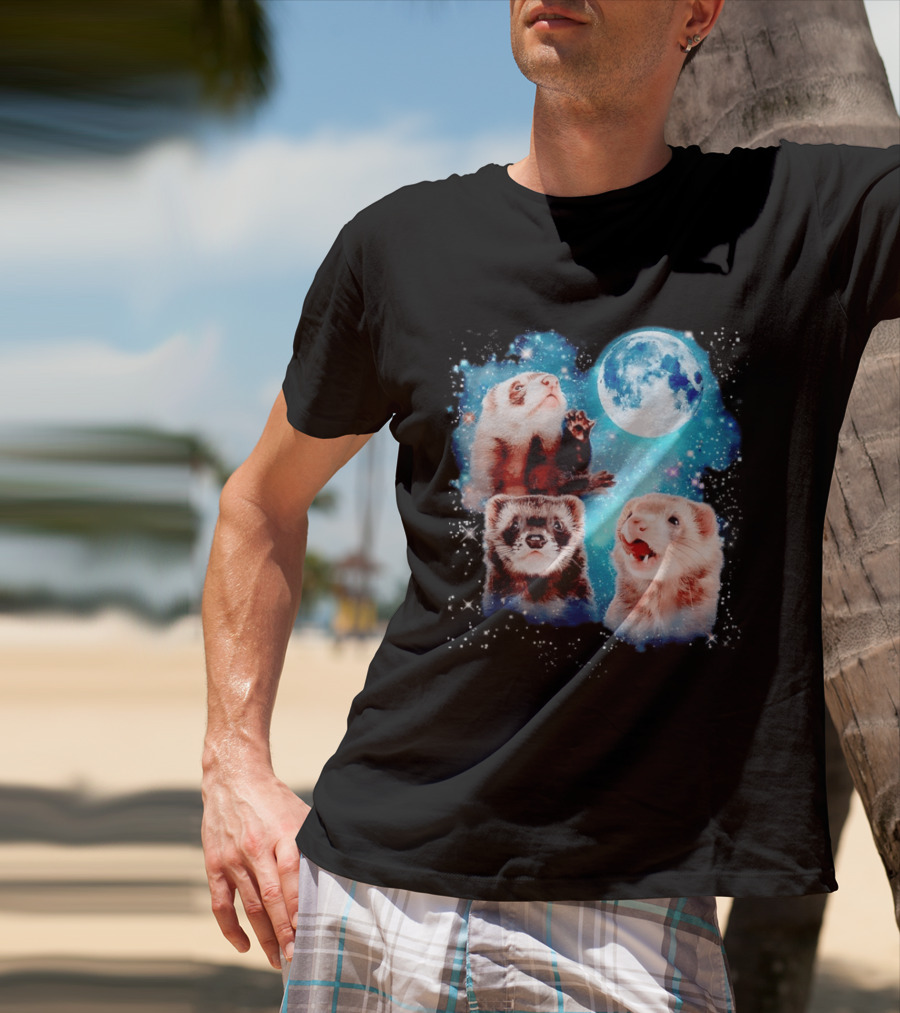 Ferret Trio With Full Moon And Starlit Sky T-Shirt