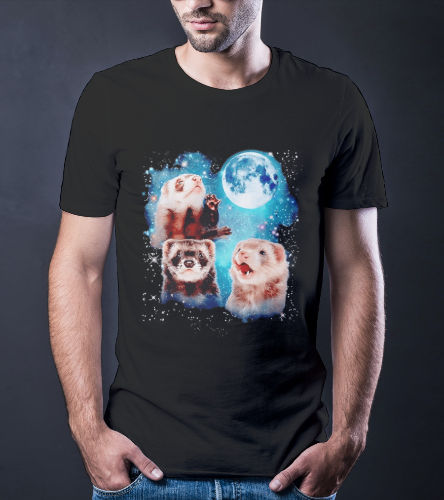 Ferret Trio With Full Moon And Starlit Sky T-Shirt